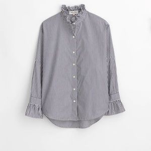 Alex Mill Easy Ruffle Shirt in skinny navy stripe, size XS